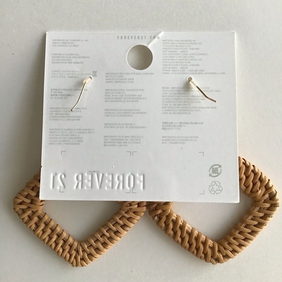 NEW Forever 21 Woven Rattan Earrings Wood Bead Light Triangle Dangle French Wire - Picture 2 of 14